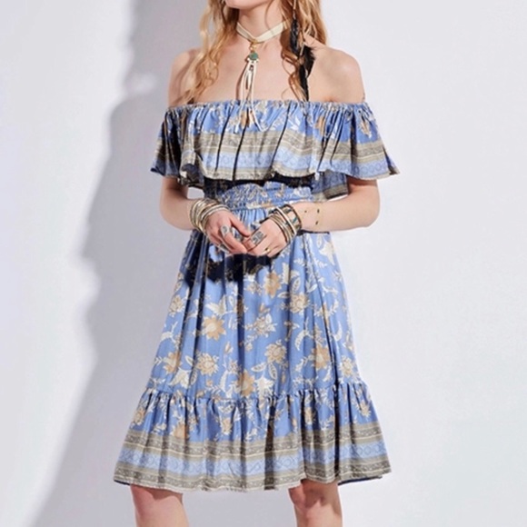 Ruffled Off-The-Shoulder Blue Border Floral Print Dress Women’s Multi Sizes NWT - Picture 1 of 10